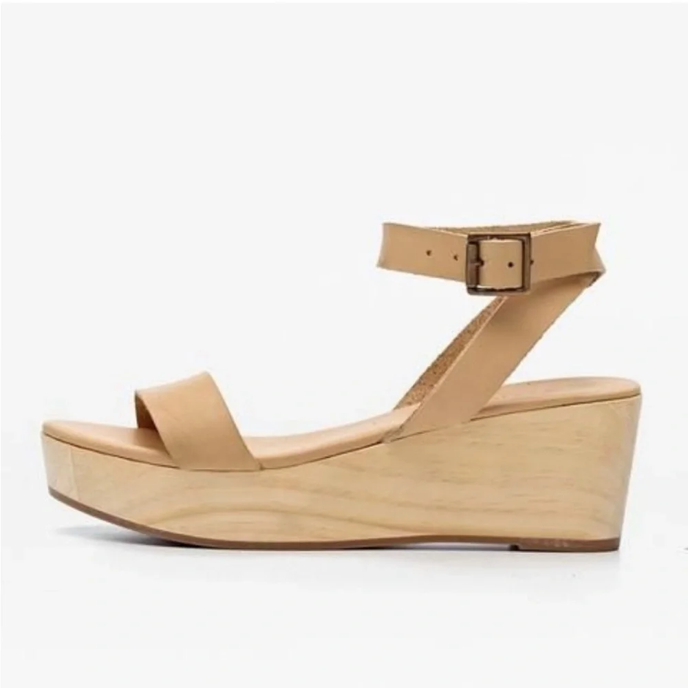 Nisolo Sarita Wooden Wedge Sandal Size 9 Leather Wrap Beige Festival Vacation